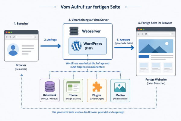 Funktionsweise von WordPress mit Browser, Webserver, PHP, Datenbank, Theme und Plugins