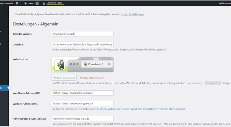WordPress Grundeinstellungen – Allgemeine Einstellungen mit Website-Titel, Untertitel und URL in WordPress Backend