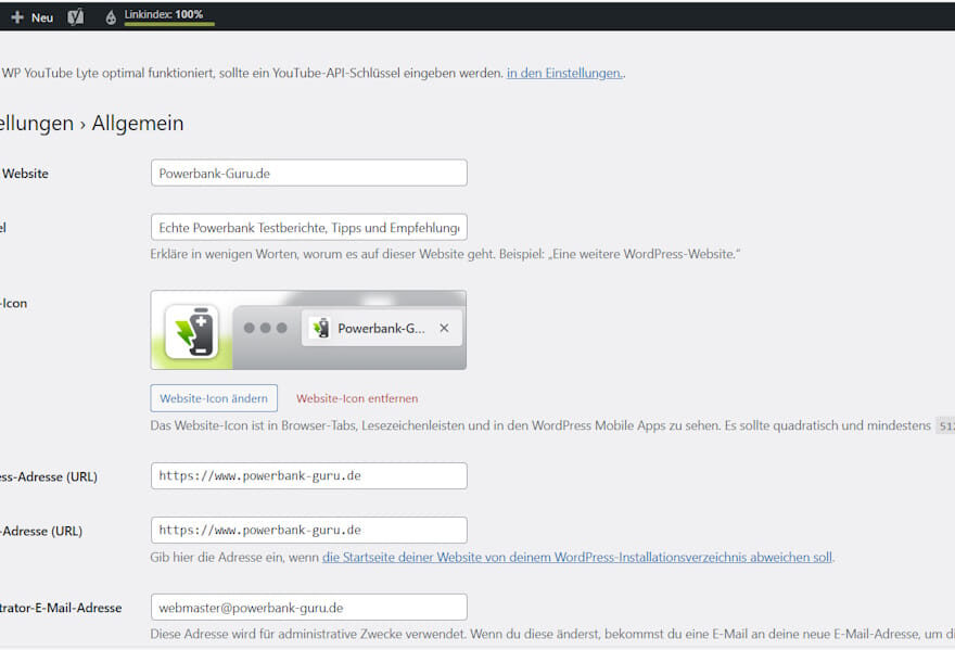 WordPress Grundeinstellungen – Allgemeine Einstellungen mit Website-Titel, Untertitel und URL in WordPress Backend