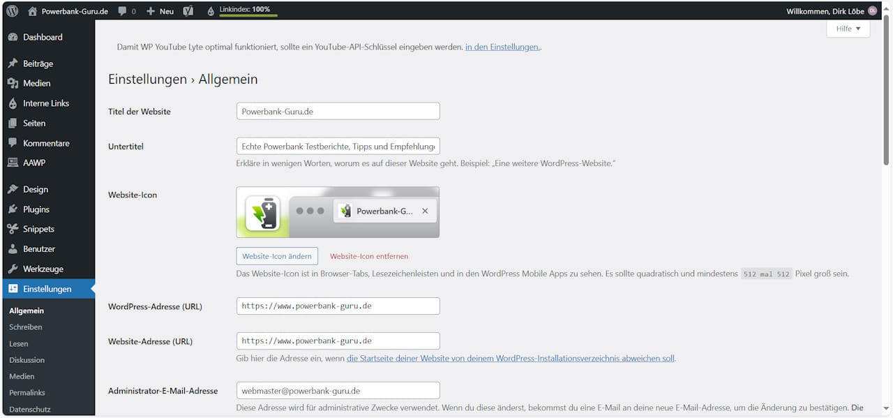 WordPress Grundeinstellungen – Allgemeine Einstellungen mit Website-Titel, Untertitel und URL in WordPress Backend