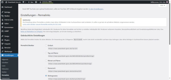 Permalinks in WordPress richtig einstellen: Beitragsname für SEO aktivieren WordPress Grundeinstellungen – Permalink-Einstellungen mit Beitragsname-Option für suchmaschinenfreundliche URLs