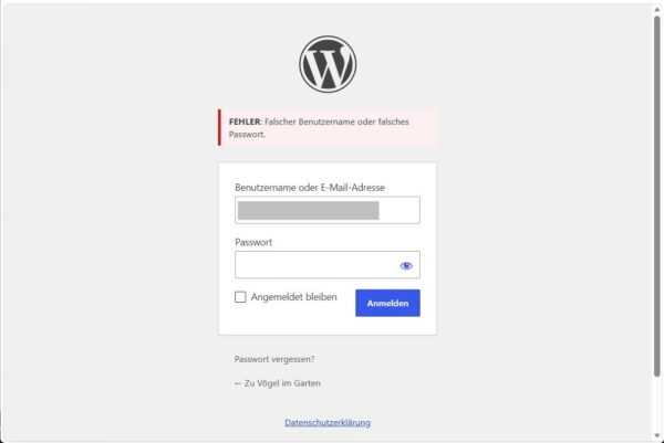 Fehlermeldung beim WordPress-Login wegen falscher Zugangsdaten WordPress Login Probleme durch falschen Benutzernamen oder falsches Passwort