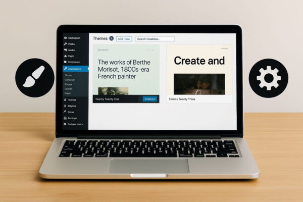 WordPress Theme im Dashboard auswählen und anpassen Laptop mit geöffnetem WordPress-Theme-Manager