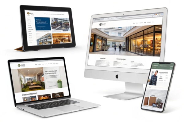 Beispiele für Website-Typen mit WordPress: Blog, Shop, Portfolio Verschiedene Arten von Websites erstellt mit WordPress auf digitalen Geräten
