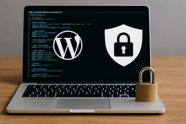 Symbolbild zur Absicherung der wp-config.php in WordPress Laptop mit WordPress-Logo, Code und Sicherheitssymbol auf dem Bildschirm