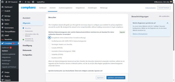 Complianz Einrichtungsassistent – DSGVO-Rechtsraum auswählen Complianz Plugin Einrichtungsassistent mit Auswahl des Rechtsraums in WordPress