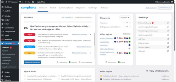 Complianz Plugin – Übersicht nach der Einrichtung in WordPress Complianz Dashboard nach der Einrichtung mit offenen Aufgaben und Prüfhinweisen