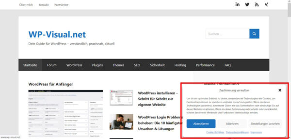Live-Beispiel für Cookie-Banner mit dem Complianz Plugin auf WP-Visual.net Cookie-Banner des Complianz Plugins auf einer WordPress-Website live im Einsatz
