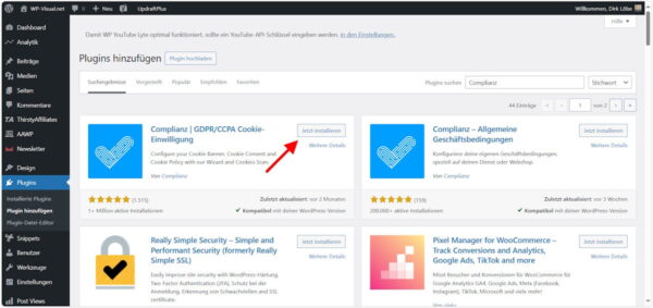 Complianz Plugin Installation im WordPress-Backend Complianz Plugin in WordPress installieren über das Plugin-Verzeichnis