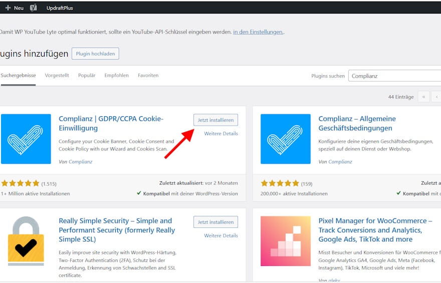 Complianz Plugin in WordPress installieren über das Plugin-Verzeichnis