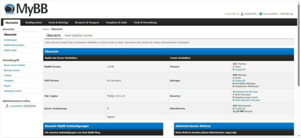 MyBB-Administrationsbereich zum Einrichten eines Forums Forum erstellen: Administrationsbereich von MyBB