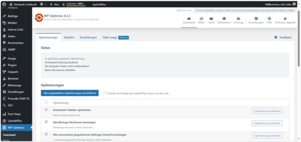 WordPress Datenbank aufräumen mit dem WP-Optimize Plugin im Backend