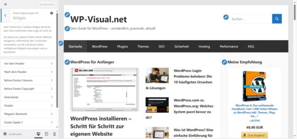 WordPress Widgets im Customizer anpassen: Übersicht der verfügbaren Bereiche Widget-Einstellungen im WordPress-Customizer bearbeiten