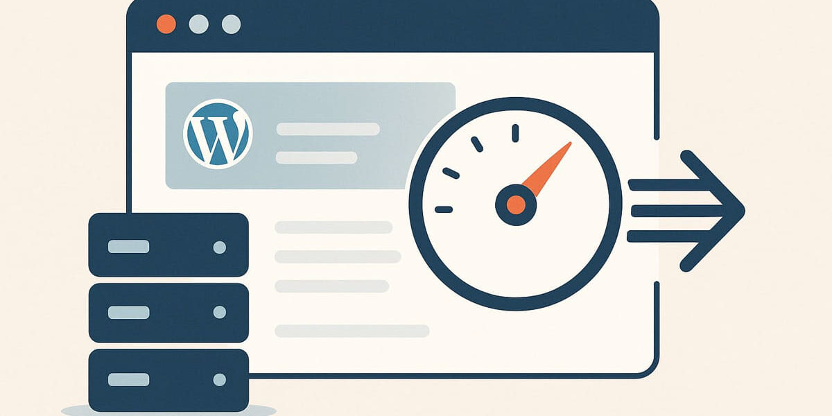 WordPress Caching veranschaulicht als schneller Seitenaufbau mit Server- und Browser-Symbole