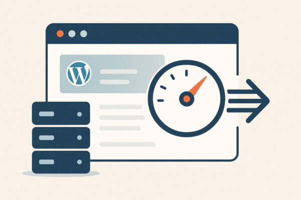 Visualisierung von WordPress Caching und schnellen Ladezeiten WordPress Caching veranschaulicht als schneller Seitenaufbau mit Server- und Browser-Symbole