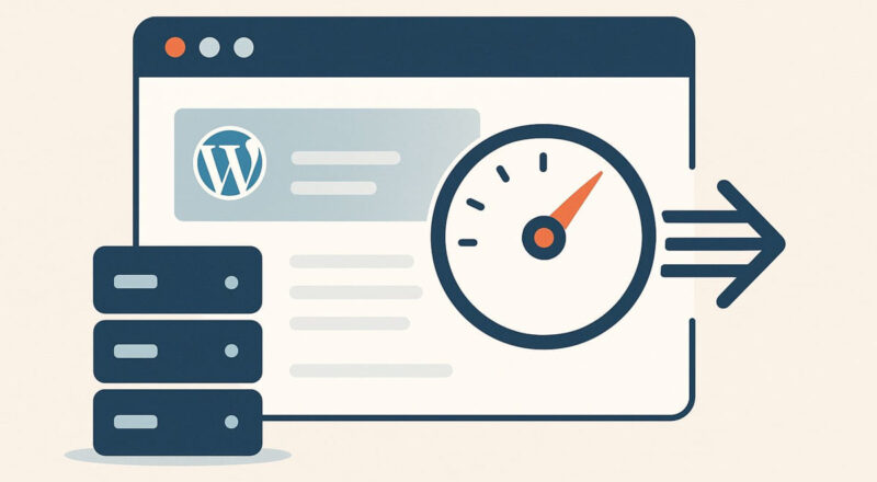 WordPress Caching veranschaulicht als schneller Seitenaufbau mit Server- und Browser-Symbole