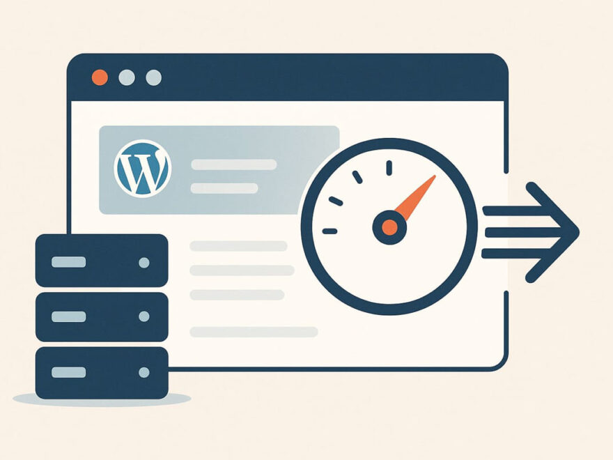 WordPress Caching veranschaulicht als schneller Seitenaufbau mit Server- und Browser-Symbole