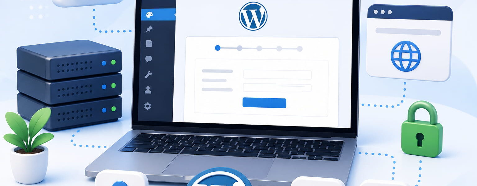 WordPress-Installation auf einem Laptop mit Symbolen für Hosting, SSL, Login und Permalinks als Start in die eigene Website