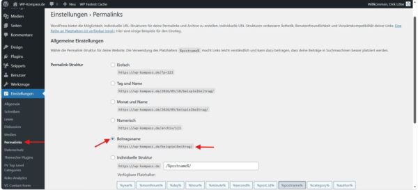 WordPress Permalinks auf Beitragsname einstellen Screenshot der WordPress Permalink-Einstellungen mit ausgewählter Option Beitragsname für saubere URLs