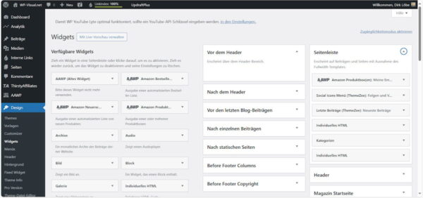 Widgets in WordPress verwalten: Übersicht im Dashboard WordPress Widgets Übersicht im Admin-Bereich