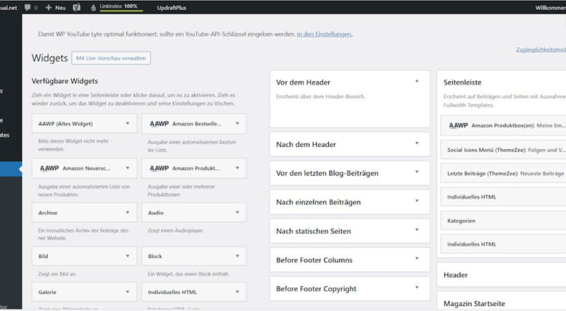 WordPress Widgets Übersicht im Admin-Bereich