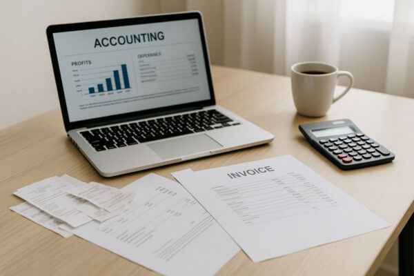 Buchhaltung für Freelancer oder Gewerbe mit Laptop, Belegen und Quittungen auf einem Schreibtisch
