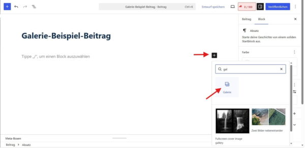 WordPress Galerie-Block auswählen und einfügen Galerie-Block im WordPress-Editor einfügen