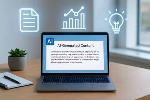 KI-gestütztes Content-Marketing visuell erklärt mit Laptop und digitalen Tools