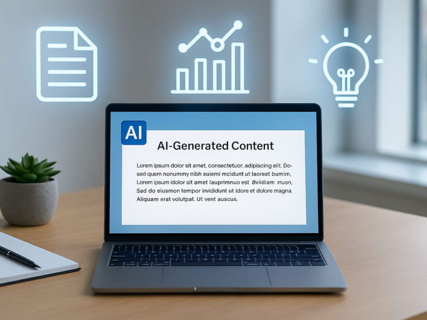 KI-gestütztes Content-Marketing visuell erklärt mit Laptop und digitalen Tools