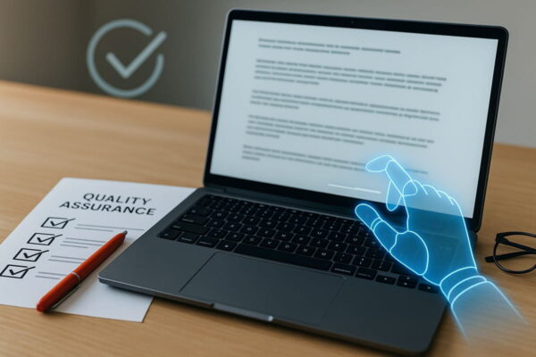 Qualitätssicherung bei KI-gestütztem Content-Marketing mit Laptop, Checkliste und Korrektur-Elementen