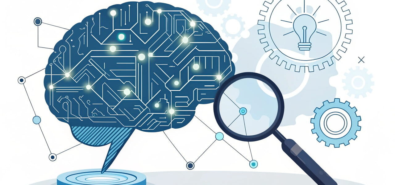 Visualisierung von KI und SEO mit digitalem Gehirn und Suchsymbol
