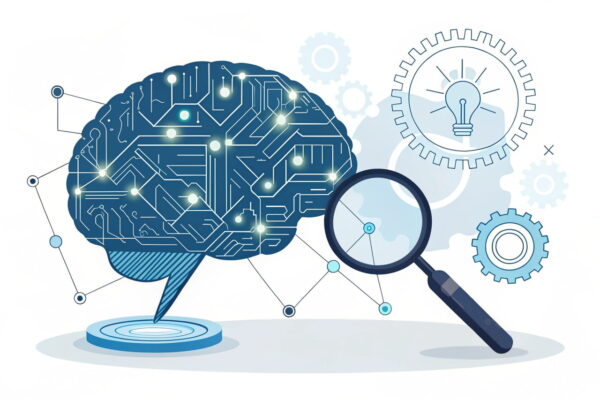 Visualisierung von KI und SEO mit digitalem Gehirn und Suchsymbol