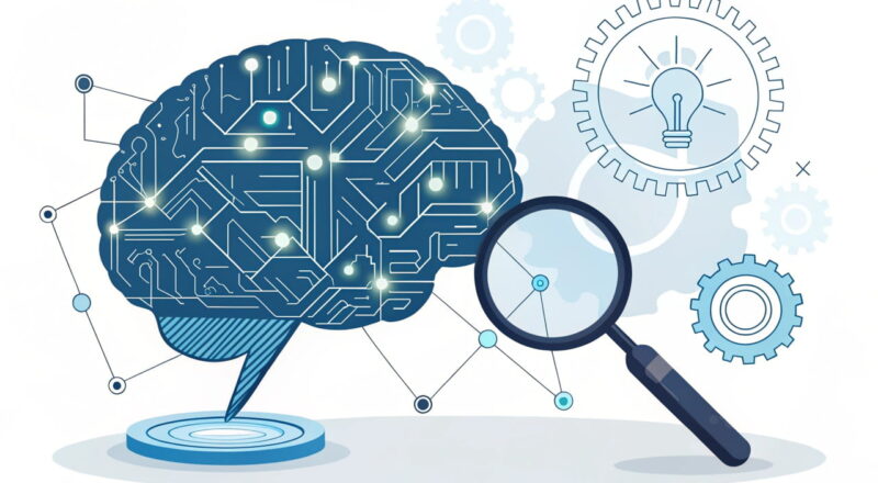 Visualisierung von KI und SEO mit digitalem Gehirn und Suchsymbol