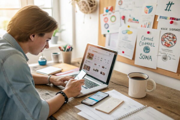 Nebenberuflich Selbstständiger erstellt Marketing-Inhalte am Laptop zu Hause