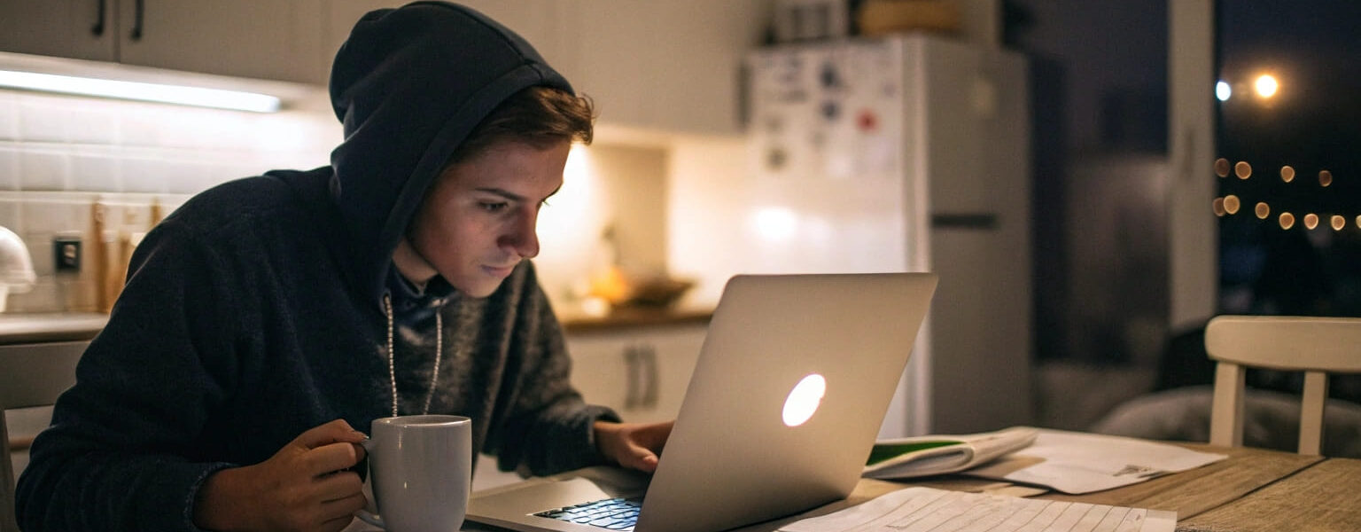 Junger Mensch arbeitet abends von zu Hause nebenberuflich selbstständig am Laptop