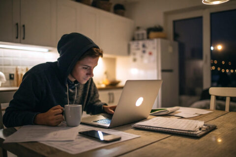 Junger Mensch arbeitet abends von zu Hause nebenberuflich selbstständig am Laptop