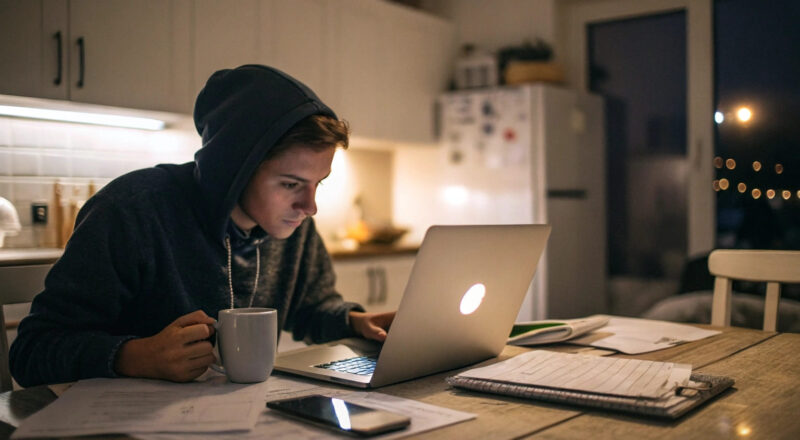 Junger Mensch arbeitet abends von zu Hause nebenberuflich selbstständig am Laptop
