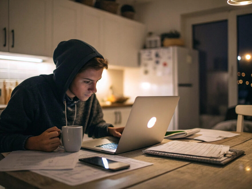 Junger Mensch arbeitet abends von zu Hause nebenberuflich selbstständig am Laptop