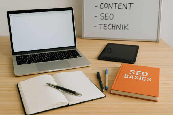 Arbeitsplatz mit Laptop und Lernmaterialien als Symbol für die Voraussetzungen und Ressourcen zum Bloggen.