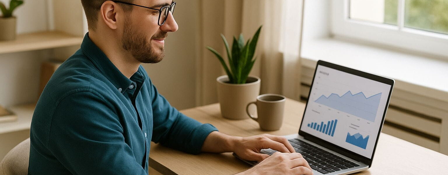 Passives Einkommen durch Bloggen realistisch erklärt mit einem Blogger am Laptop im Home-Office.