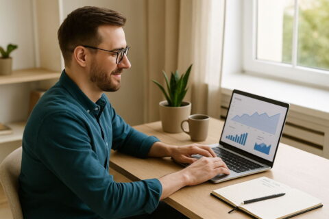 Passives Einkommen durch Bloggen realistisch erklärt mit einem Blogger am Laptop im Home-Office.