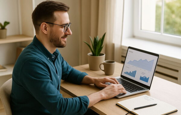 Passives Einkommen durch Bloggen realistisch erklärt mit einem Blogger am Laptop im Home-Office.