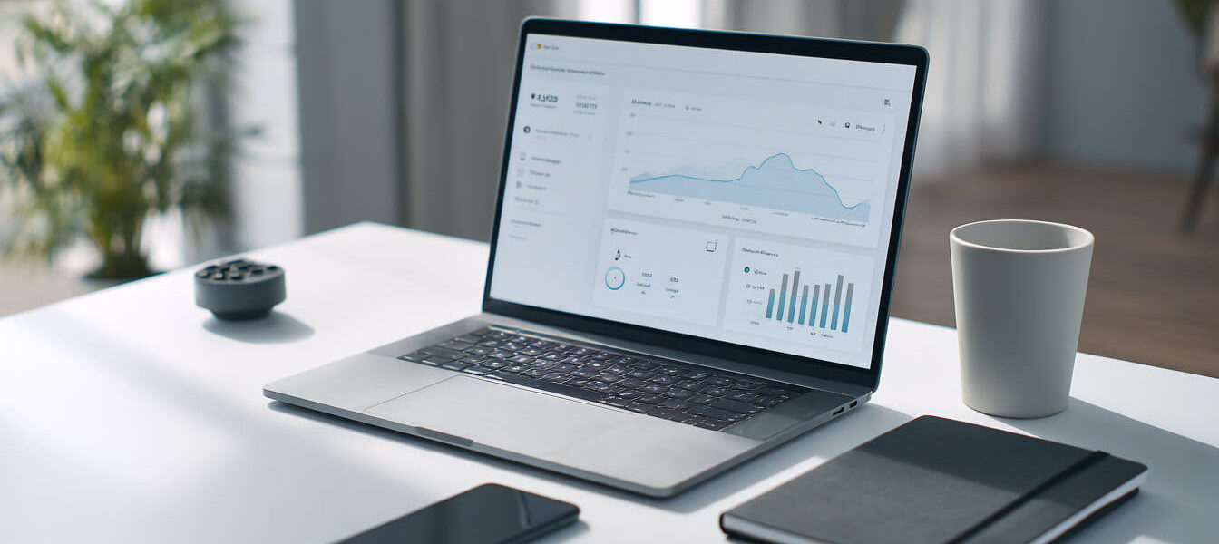 Affiliate-Marketing Grundprinzip mit Laptop und Tracking-Dashboard als Illustration