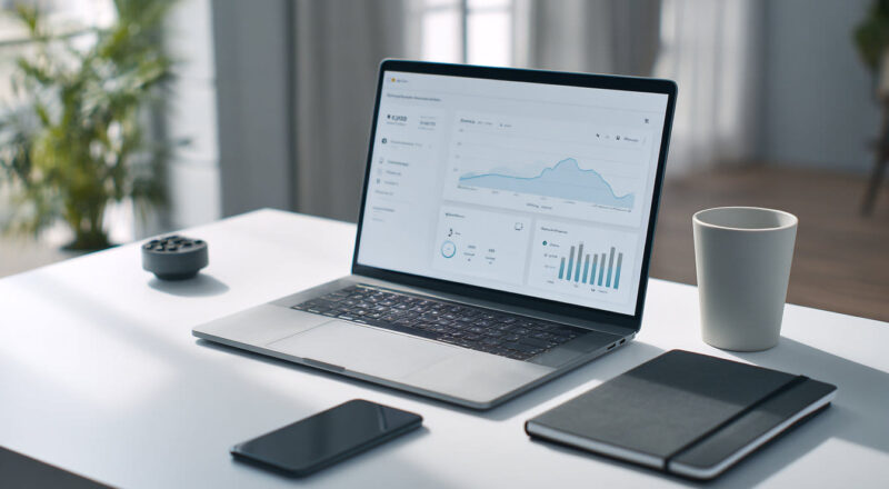 Affiliate-Marketing Grundprinzip mit Laptop und Tracking-Dashboard als Illustration