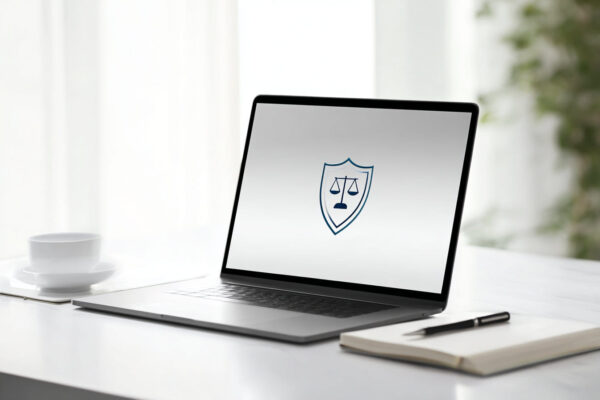 Rechtliche Vorgaben im Affiliate-Marketing mit Laptop und Compliance-Symbol