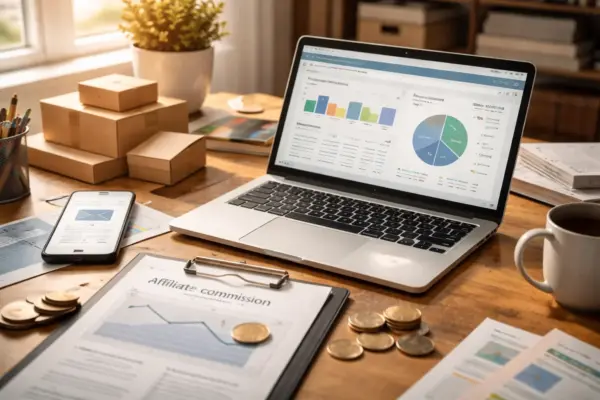 Arbeitsplatz mit Laptop und sinkenden Einnahmen aus Affiliate-Marketing