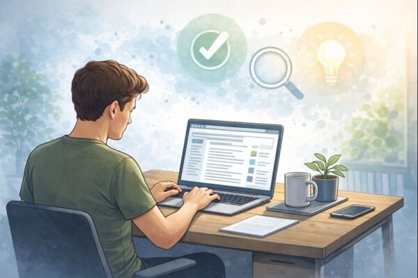 Person arbeitet ruhig am Laptop mit gut strukturiertem Inhalt ohne SEO-Überoptimierung