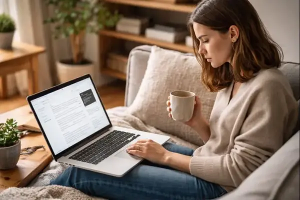 Leserin liest konzentriert einen längeren Blogartikel auf dem Laptop