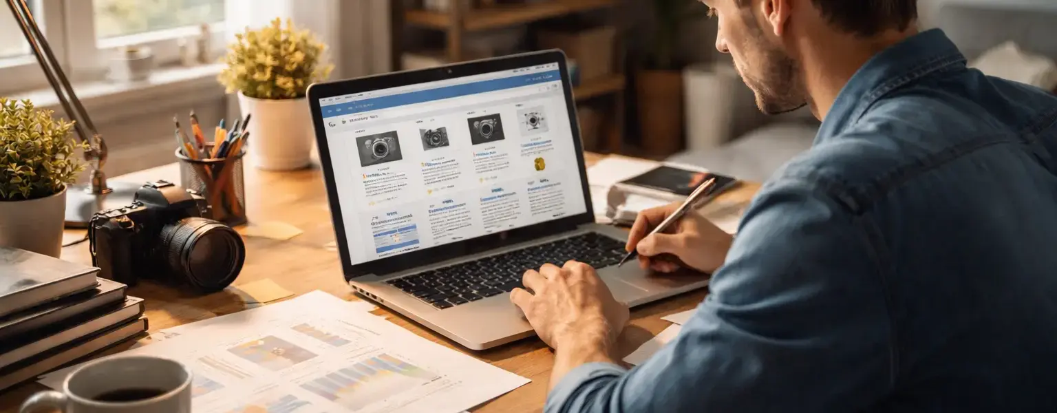 Arbeiten an einer Nischenseite im Jahr 2015 mit Laptop und Affiliate-Inhalten