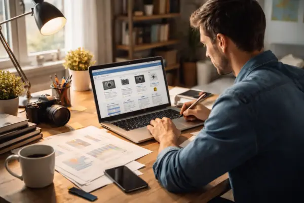 Arbeiten an einer Nischenseite im Jahr 2015 mit Laptop und Affiliate-Inhalten